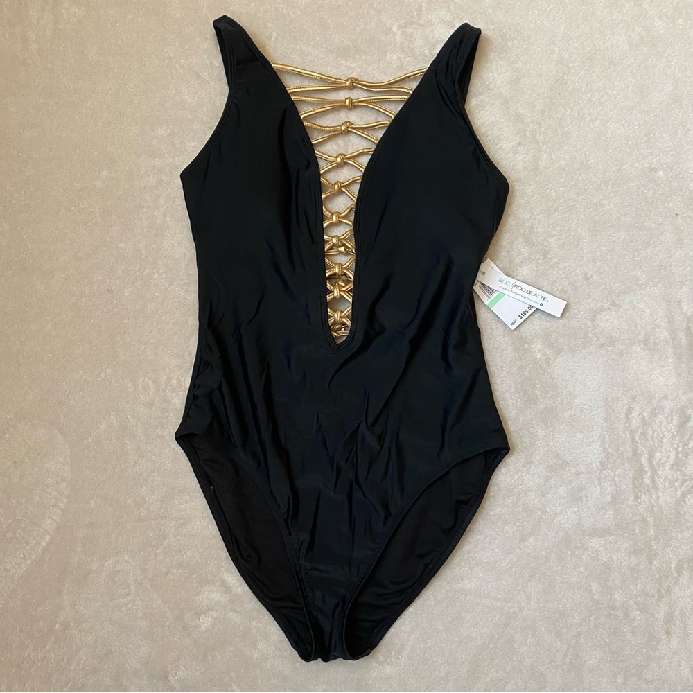 Bleu Rod Bettie Black One Piece Swimsuit with Gold Lattice Detail